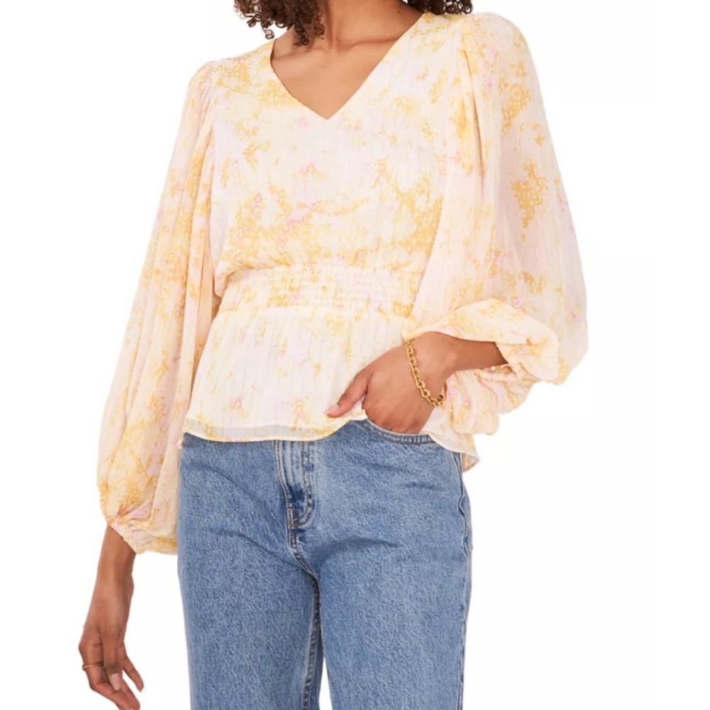 Floral V-Neck Blouse - Yellow and Pink